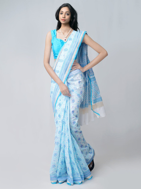 

Unnati Silks Blue & White Ethnic Motifs Silk Blend Saree