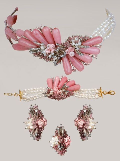 

D'oro Gold-Plated Pink Stone-Studded & Pearl Beaded Jewellery Set