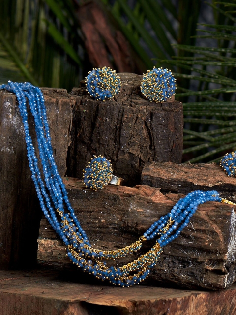 

D'oro Gold-plated Blue Cluster Design With Glass And Beads Jewellery Set