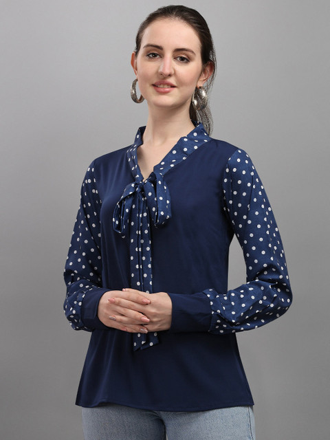 

Wedani Navy Blue Geometric Print Tie-Up Neck Top