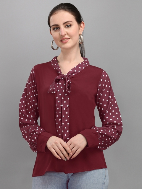 

Wedani Maroon Geometric Print Tie-Up Neck Top