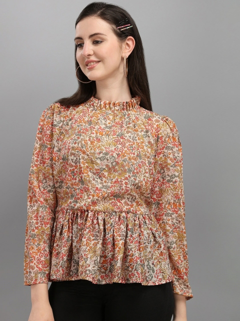 

Wedani Beige Floral Print Linen Peplum Top
