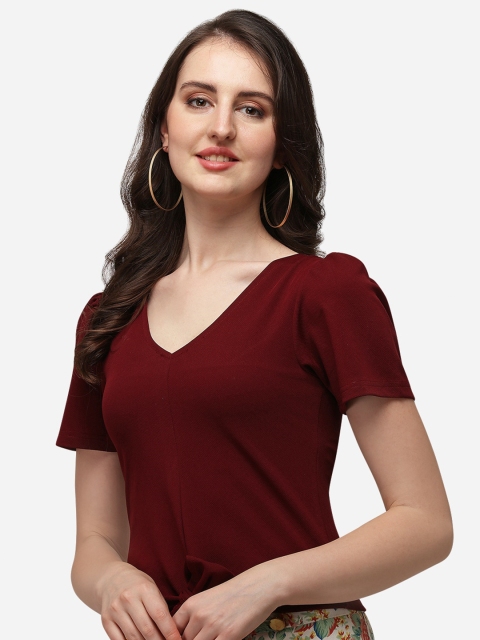 

Wedani Maroon Solid High Neck Knitted Monochrome Scuba Top
