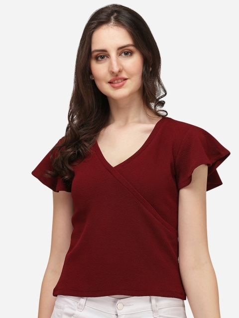 

Wedani Maroon Flutter Sleeves Scuba Wrap Top