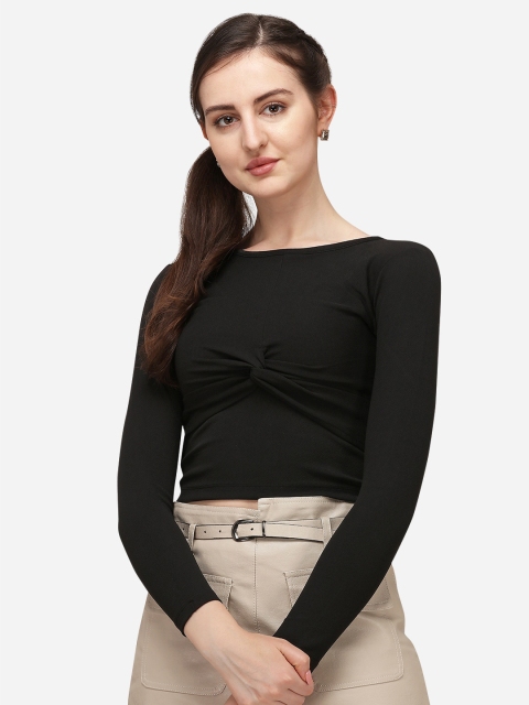 

Wedani Black Solid Boat Neck Knitted Monochrome Scuba Top