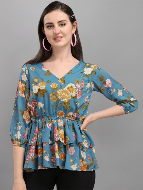 

Wedani Blue Floral Print Linen Cinched Waist Top