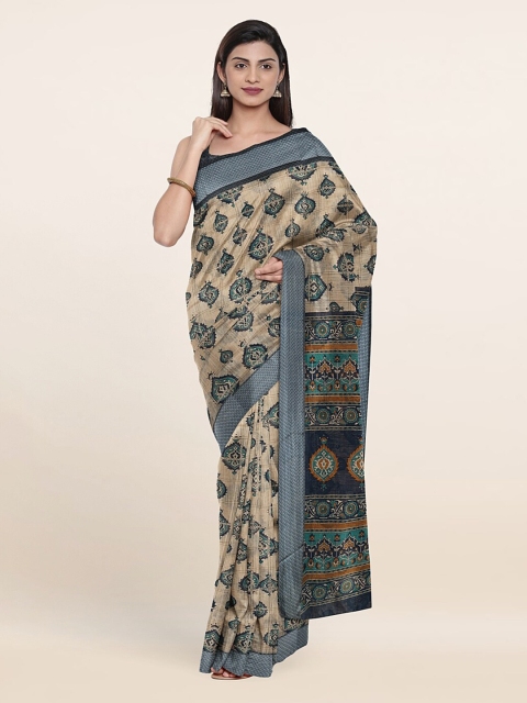 

Pothys Tan & Teal Ethnic Motifs Printed Saree