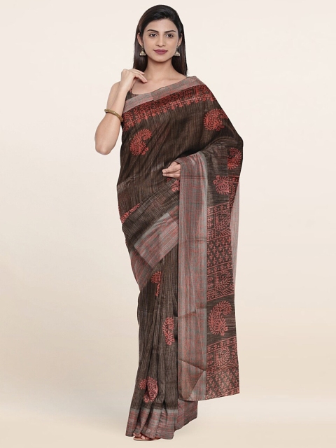 

Pothys Charcoal Grey & Red Paisley Printed Saree