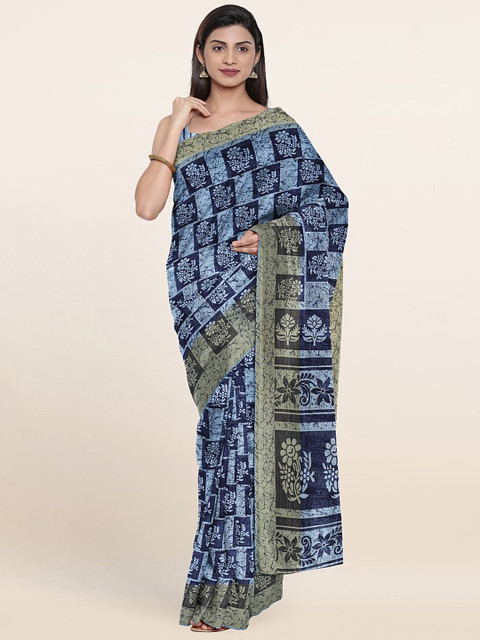 

Pothys Blue & Gold-Toned Floral Printed Zari Saree