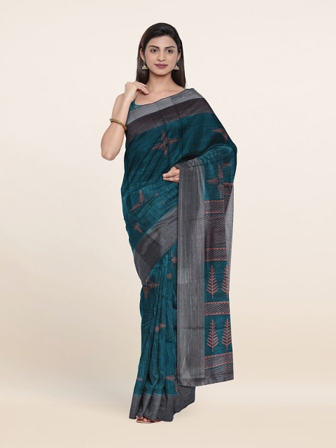 

Pothys Teal & Silver-Toned Ethnic Motifs Printed Zari Saree