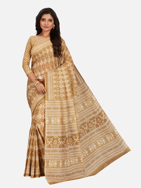 

SALWAR STUDIO Beige & White Pure Cotton Block Print Saree