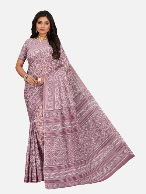 

SALWAR STUDIO Mauve & White Pure Cotton Block Print Saree