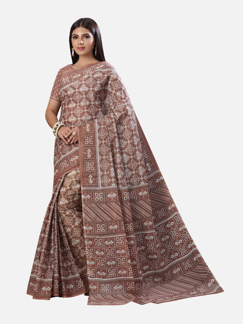 

SALWAR STUDIO Brown & White Ethnic Motifs Pure Cotton Block Print Saree