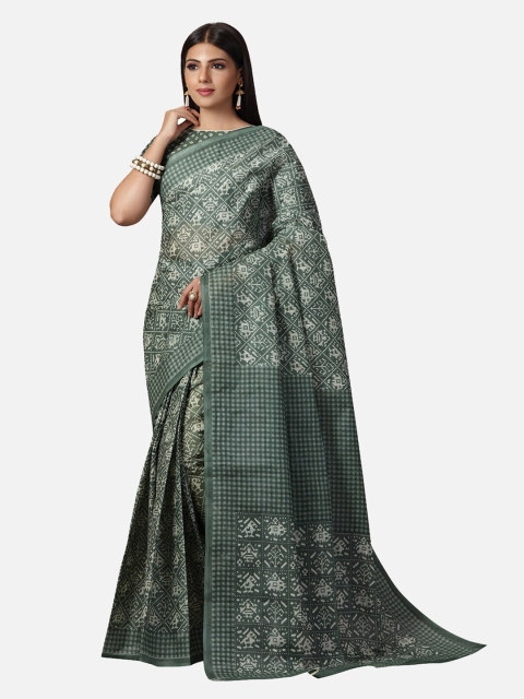 

SALWAR STUDIO Grey & White Ethnic Motifs Pure Cotton Block Print Saree