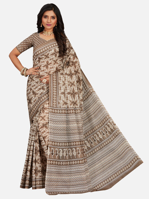 

SALWAR STUDIO Brown & White Pure Cotton Block Print Saree
