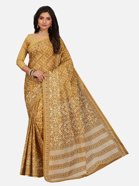 

SALWAR STUDIO Golden & White Ethnic Motifs Pure Cotton Block Print Saree, Gold