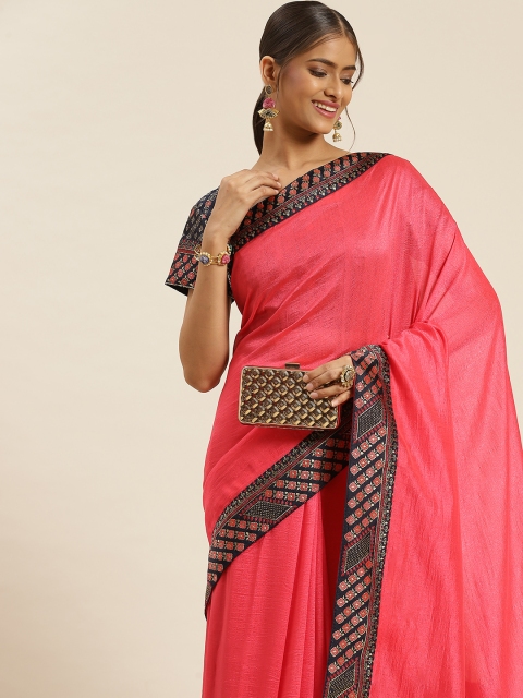 

Sangria Pink & Navy Blue Poly Silk Saree With Woven Design Border