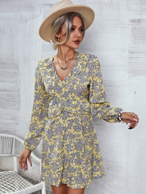 

La Aimee Women Yellow & Blue Floral Printed Dress