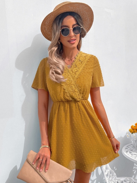 

La Aimee Women Yellow Lace Fit and Flare Dress