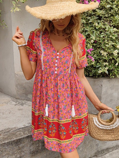 

La Aimee Women Pink Floral Print Tie-Up Neck Dress