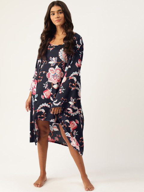 

ETC Women Navy Blue Satin Ethnic Printed Baby Doll With Robe
