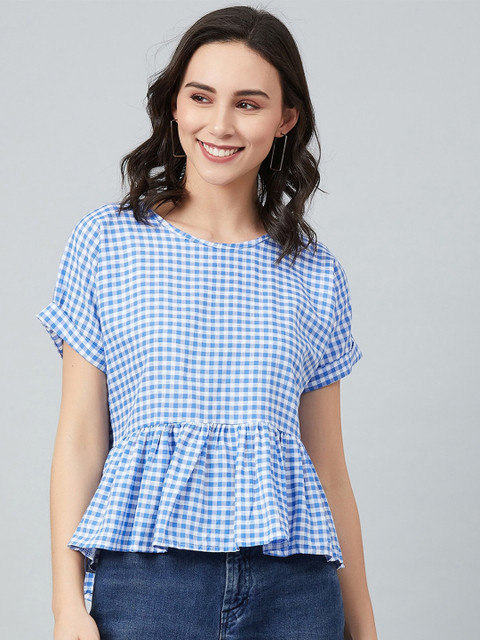 

CHIMPAAANZEE Women Blue Checked Peplum Top
