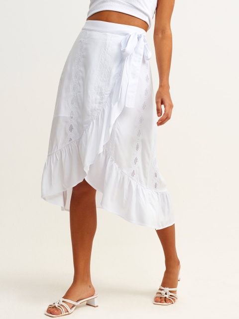 

OXXO Women White Lace Detail Embroidered Wrap Skirt