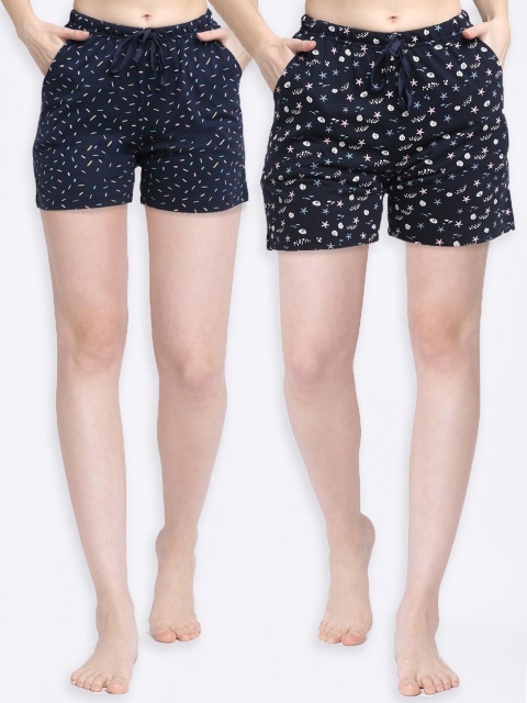 

Kanvin Women Pack of 2 Navy Blue Printed Pure Cotton Lounge Shorts