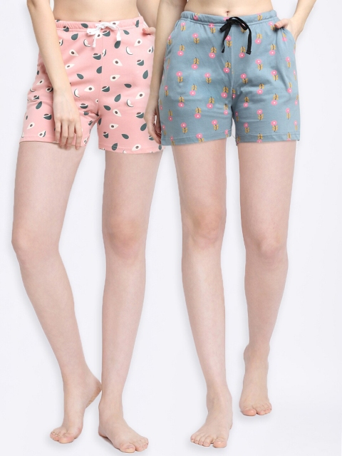 

Kanvin Women Pink & Blue Set of 2 Printed Cotton Lounge Shorts