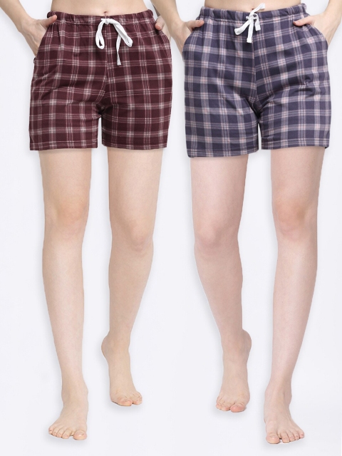 

Kanvin Women Brown & Violet Set of 2 Printed Cotton Lounge Shorts