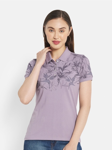 

METTLE Women Purple Floral Printed Polo Collar T-shirt
