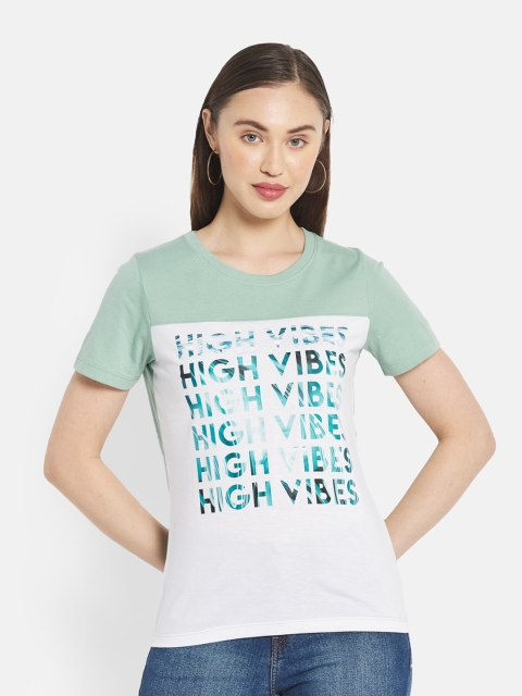 

METTLE Women Green & White Typography Printed Cotton T-shirt