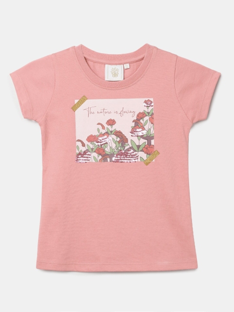 

BYB PREMIUM Girls Pink Printed Pure Cotton Outdoor T-shirt