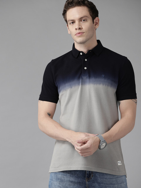 

VAN HEUSEN DENIM LABS Men Grey & Navy Blue Colourblocked Pure Cotton Slim Fit Polo T-shirt