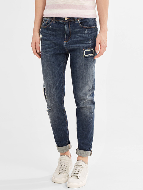 

ESPRIT Women Blue Boyfriend Fit Mildly Distressed Stretchable Jeans