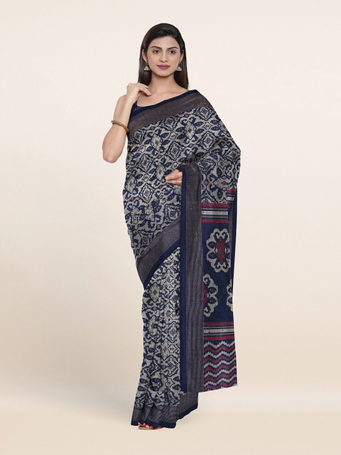 

Pothys Navy Blue & White Ethnic Motifs Cotton Blend Saree
