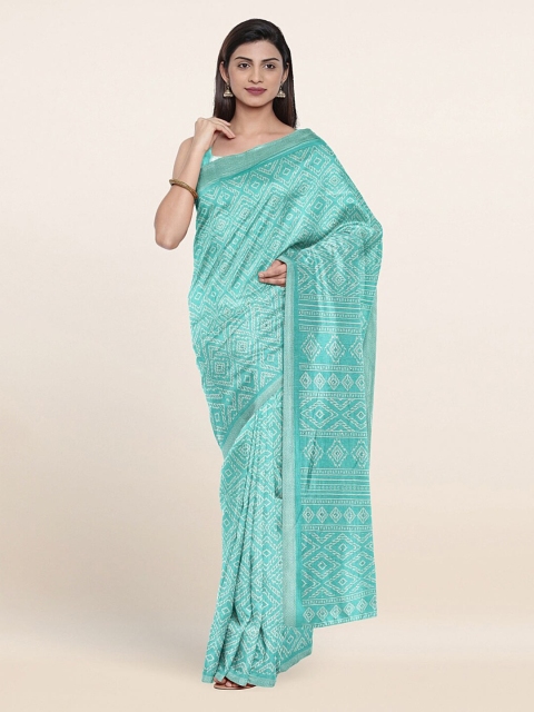 

Pothys Sea Green & White Printed Cotton Blend Saree