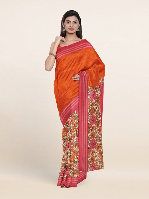 

Pothys Cream-Coloured & Orange Floral Printed Saree