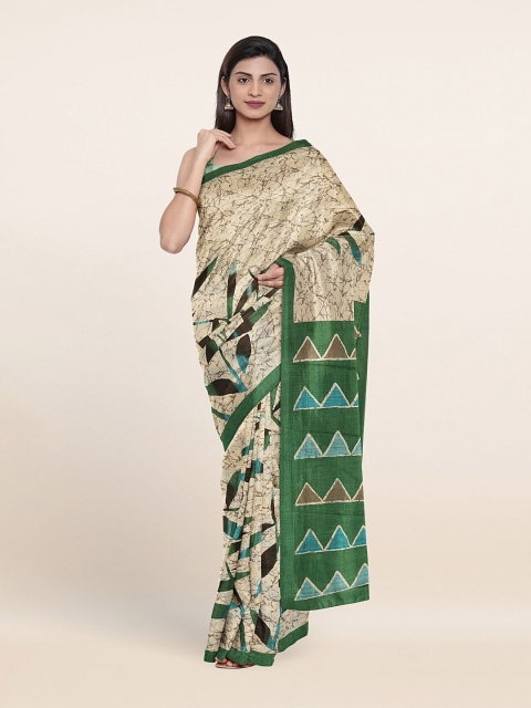 

Pothys Cream-Coloured & Green Abstract Printed Saree