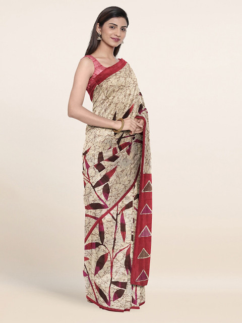 

Pothys Cream-Coloured & Red Floral Printed Cotton Blend Saree