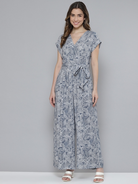 

Femella Navy Blue & White Printed Basic Jumpsuit