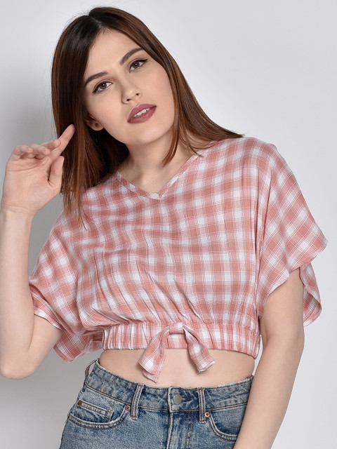 

CHIMPAAANZEE Pink Checked Extended Sleeves Blouson Crop Top