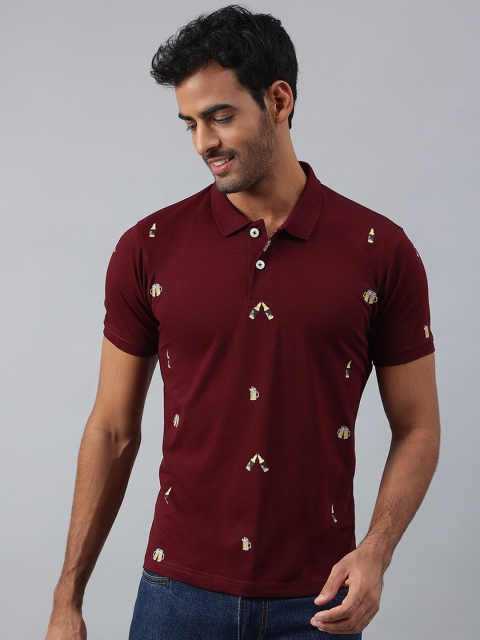 

MR BUTTON Men Burgundy Printed Polo Collar Slim Fit T-shirt