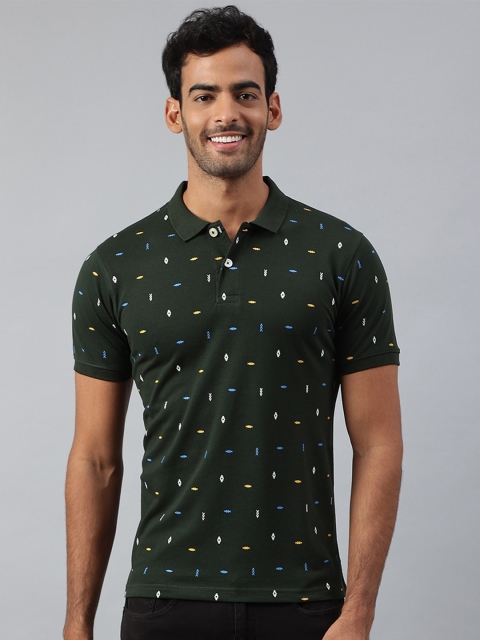 

MR BUTTON Men Green Printed Polo Collar Slim Fit T-shirt