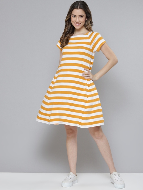 

Femella Mustard Yellow & White Striped Cotton A-Line Dress