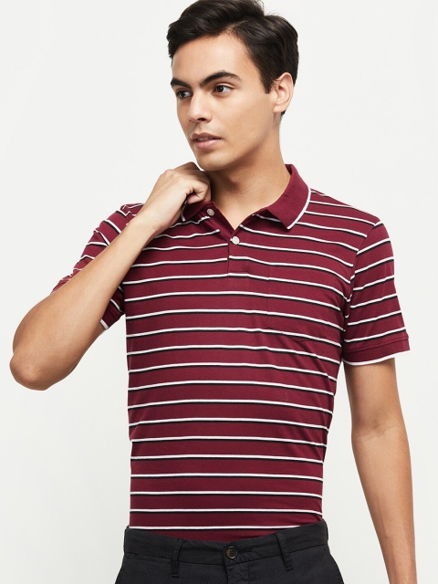 

max Men Maroon Striped Polo Collar Cotton T-shirt
