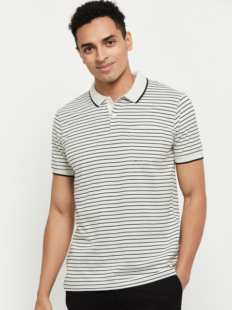 

max Men Off-White & Black Striped Polo Collar T-shirt