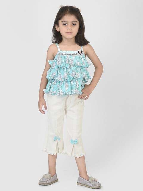 

YK Girls Blue & White Printed Top with Capris