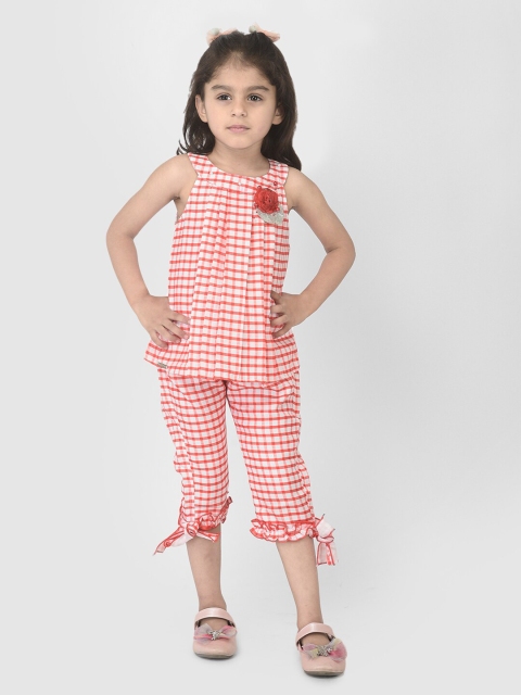 

YK Girls Red & Off White Checked 2 Piece Cotton Clothing Set