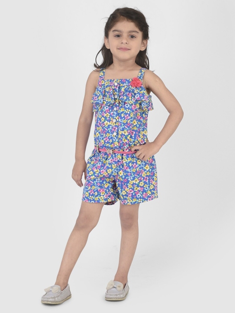 

YK Girls Blue & Yellow Floral Printed Ruffled Cotton Playsuit